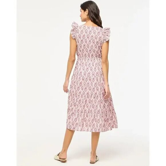 J. Crew Ruffle Sleeve Cotton Midi Dress Pink Floral Size 0 NWT - Picture 2 of 10
